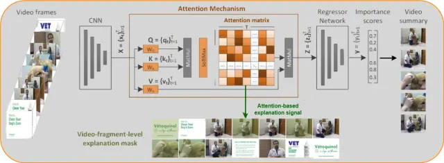 Diagram showing how video frames pass through an attention network to produce a summary and an explanation mask.